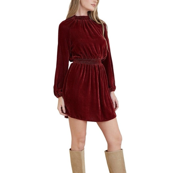 Bella Dahl Ribbed Silk Blend The Ruby Velvet Smocked Raglan Mini Dress Sz Small - Picture 2 of 11